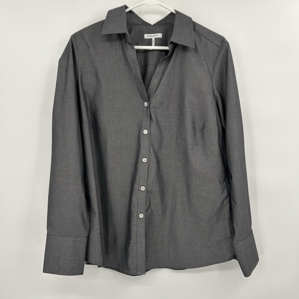 Foxcroft Womens Long Sleeve Button Down Shirt Size 12 Gray Career Classic